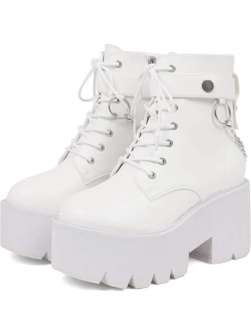 Women's White Rubber Platform Chunky Wedge Lace Up Chain Zipper Ankle Booties
